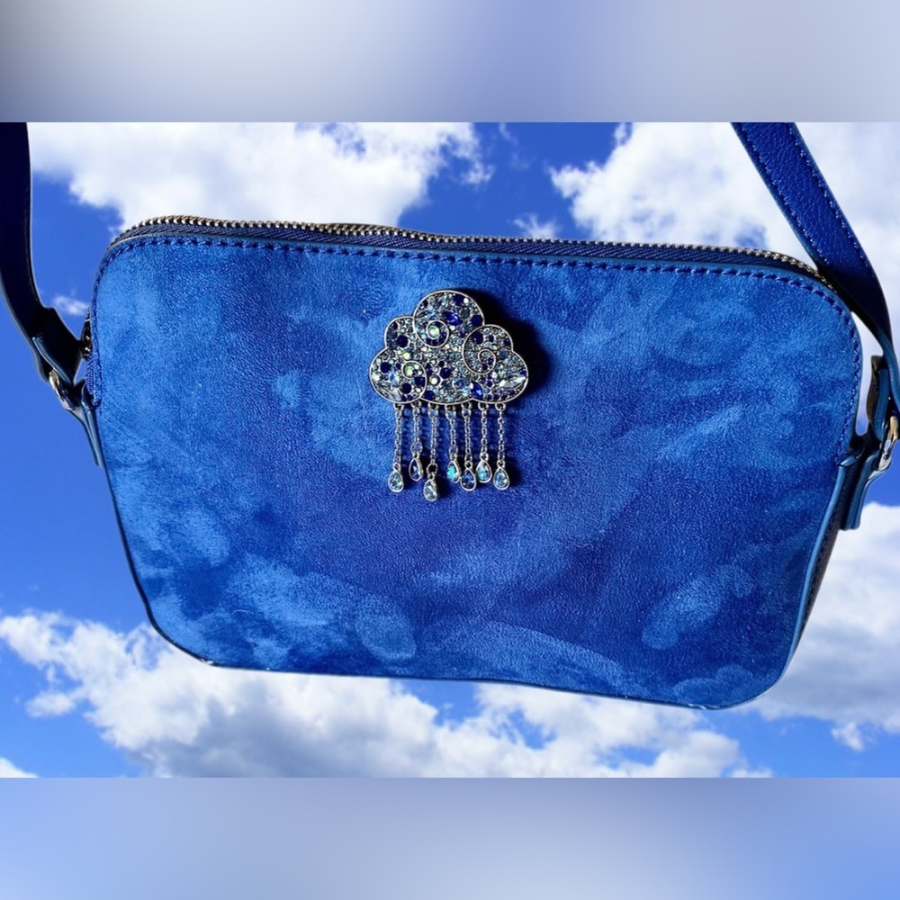 Old Navy Royal Blue Faux Suede Crossbody with Rhinestone Cloud Brooch NWOT